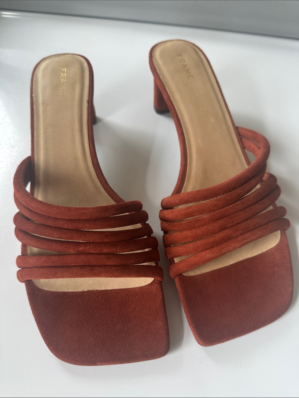 Frame Le Tonga Suede Leather Mules Strappy Sandal EU38.5 US8 Brown Shoes Morocco - Picture 2 of 16